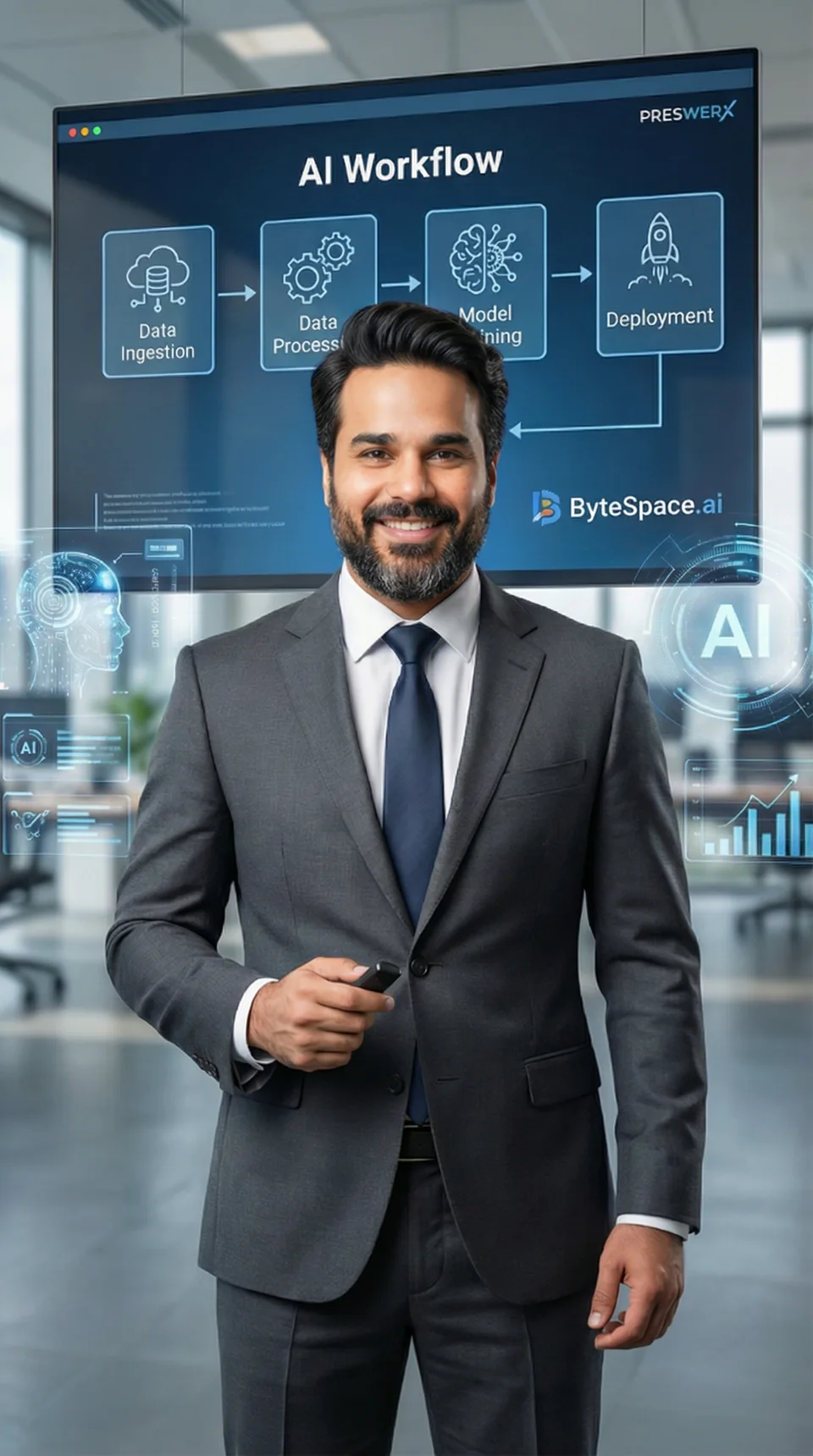 Usman Yousaf, founder and CEO of StructuredLayer, in a business portrait before an AI workflow display.