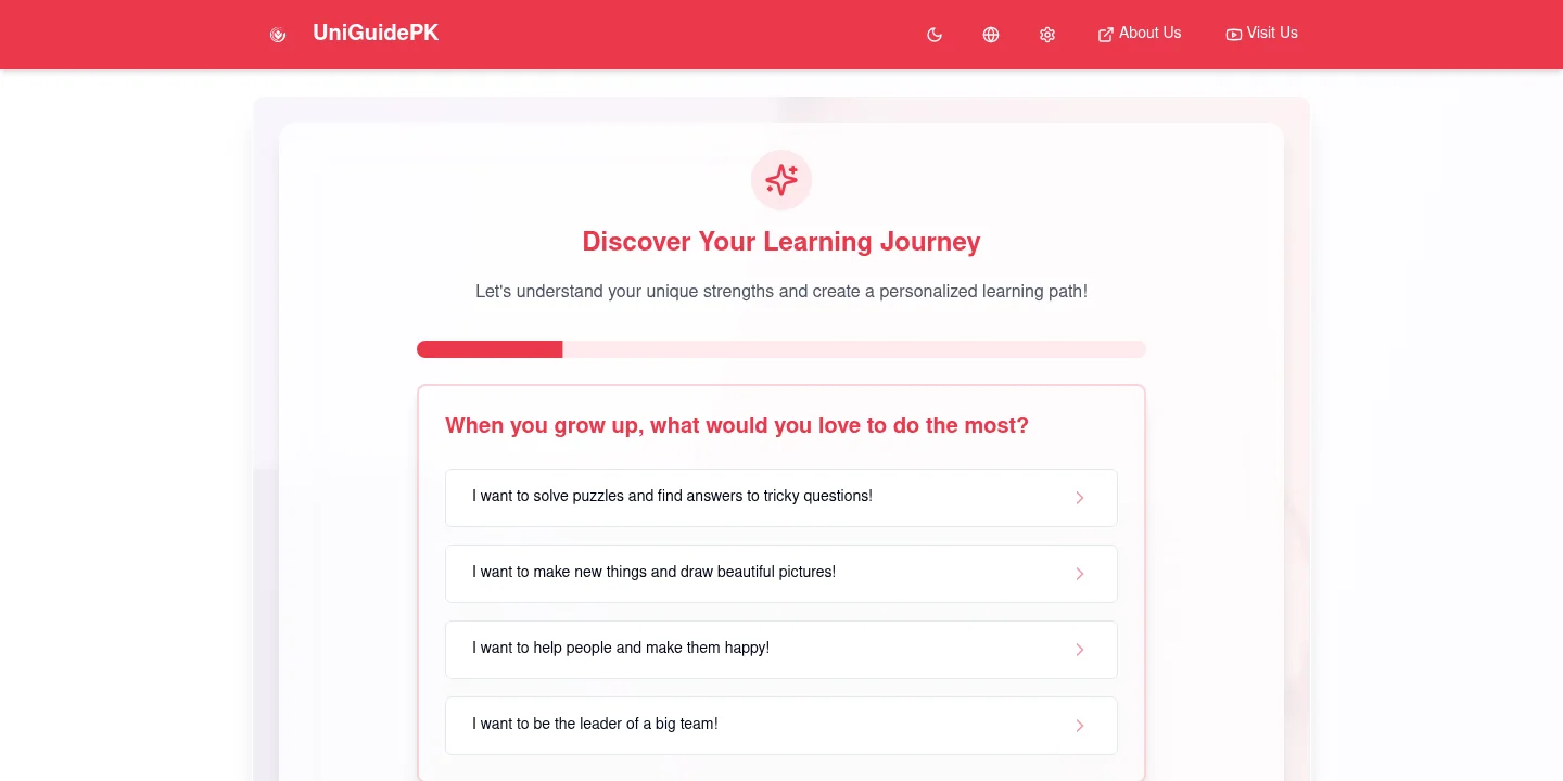 UniGuidePK interface showing the opening learning-journey questionnaire with four response choices