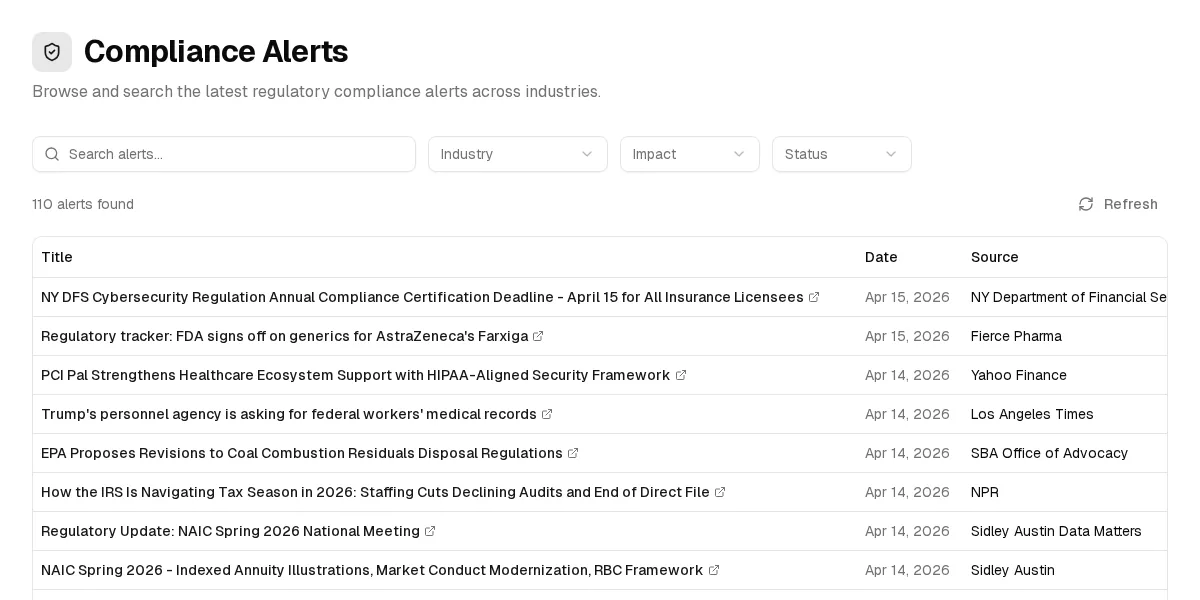 Compliance Alerts Portal showing search and industry, impact, and status filters over a sourced alert table.