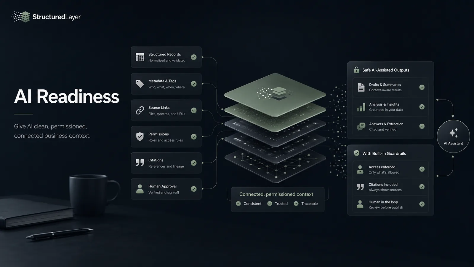 StructuredLayer AI-readiness diagram connecting structured records, metadata, source links, permissions, citations, and human approval to guarded AI-assisted outputs.