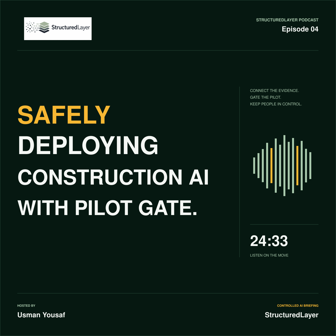 StructuredLayer Podcast cover for Safely Deploying Construction AI with Pilot Gate, showing Episode 04, a waveform, 24:33 duration, and host Usman Yousaf on a dark green background.