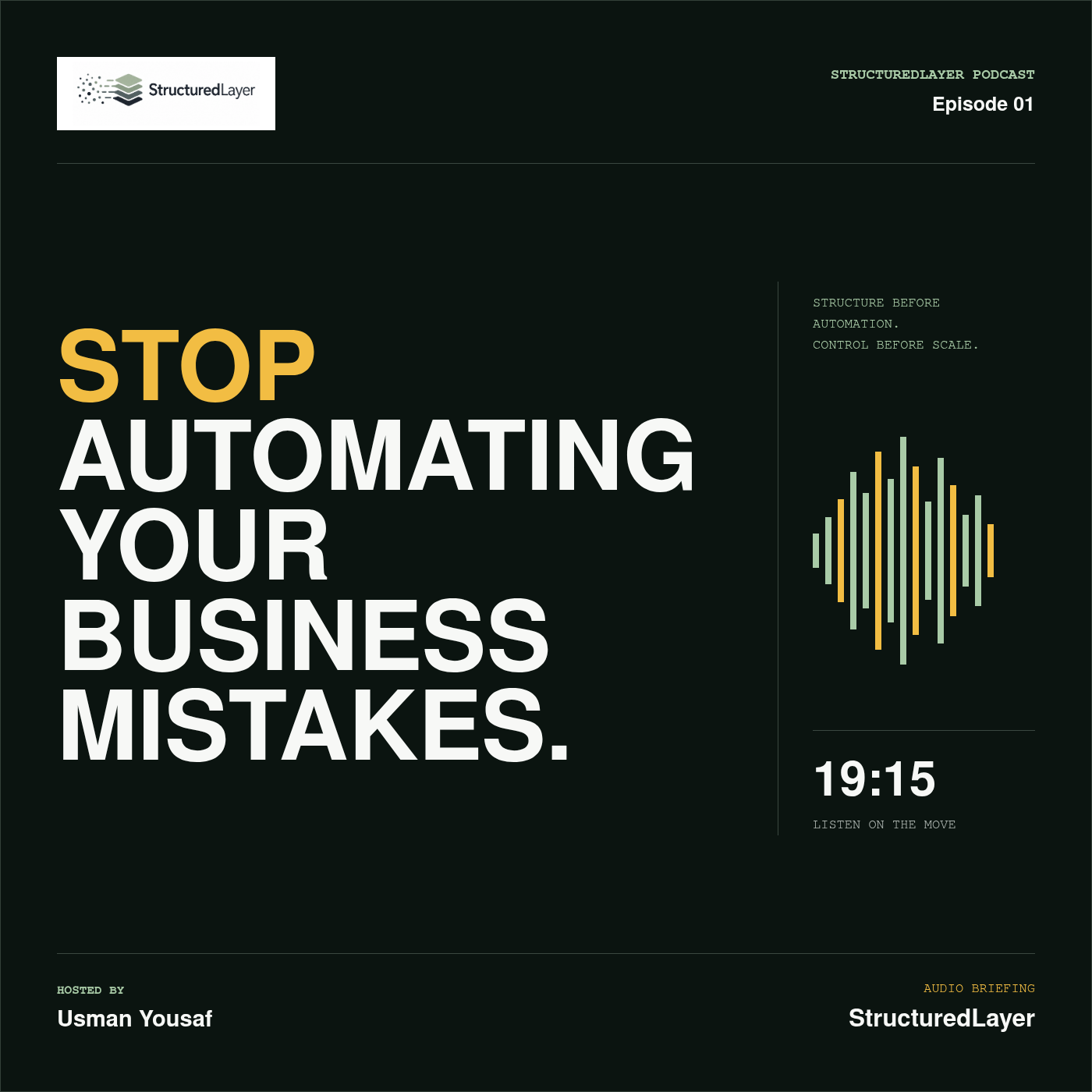 StructuredLayer Podcast cover for Stop Automating Your Business Mistakes, featuring the episode title, waveform, duration, and host Usman Yousaf on a dark green background.