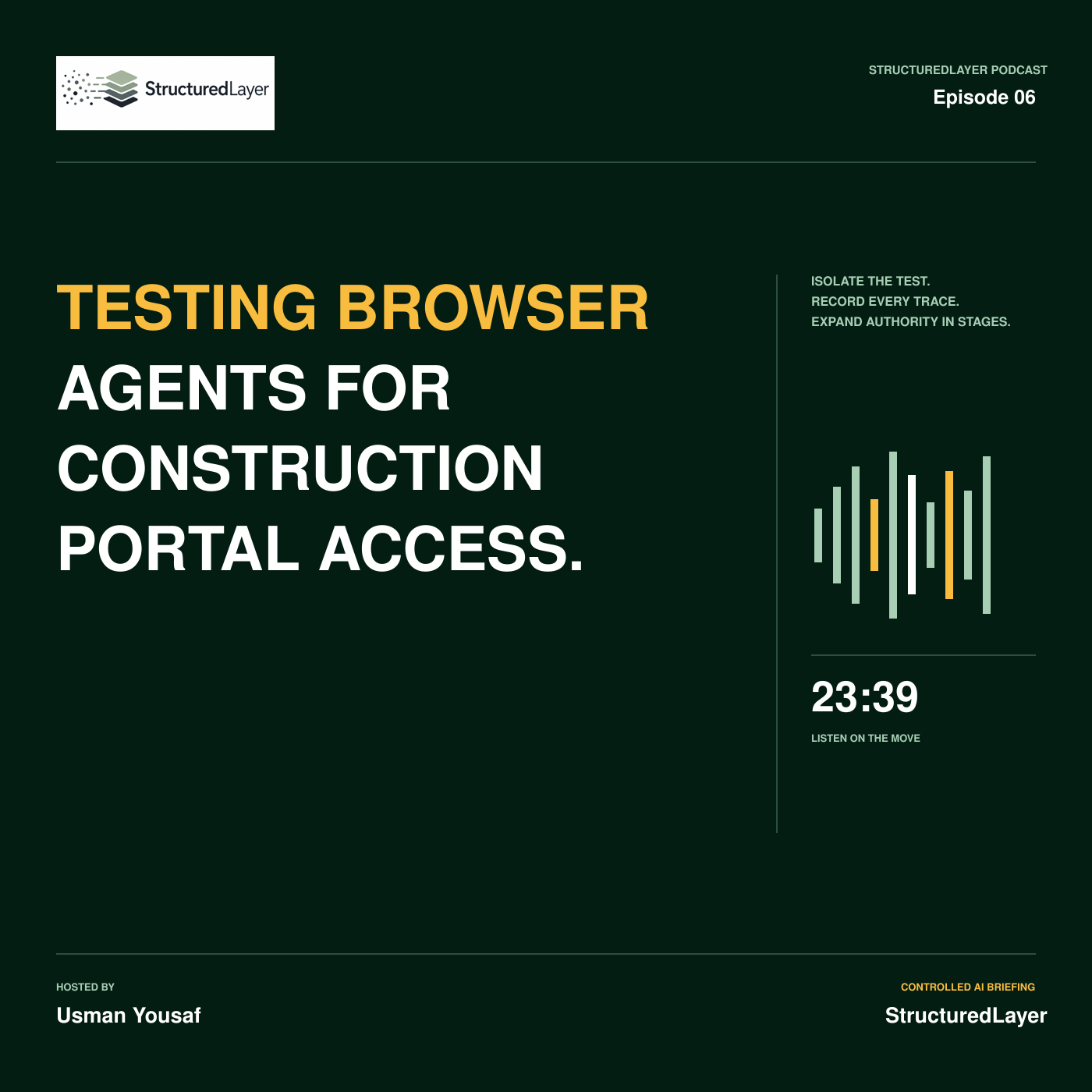 StructuredLayer Podcast cover for Testing Browser Agents for Construction Portal Access, showing Episode 06, an amber-and-white editorial title, waveform, 23:39 duration, and host Usman Yousaf on the established dark green series layout.