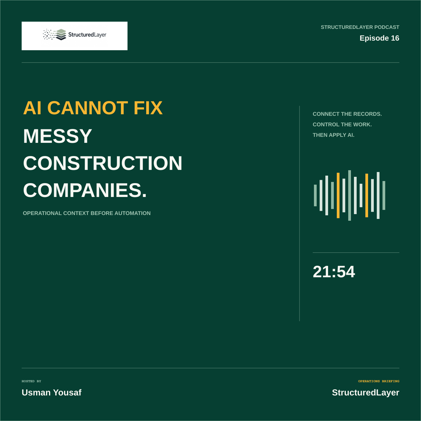 StructuredLayer Podcast Episode 16 cover reading AI Cannot Fix Messy Construction Companies, with an amber-and-white title, connected-records message, waveform, 21:54 duration, operations briefing label, and host Usman Yousaf on a dark green background.