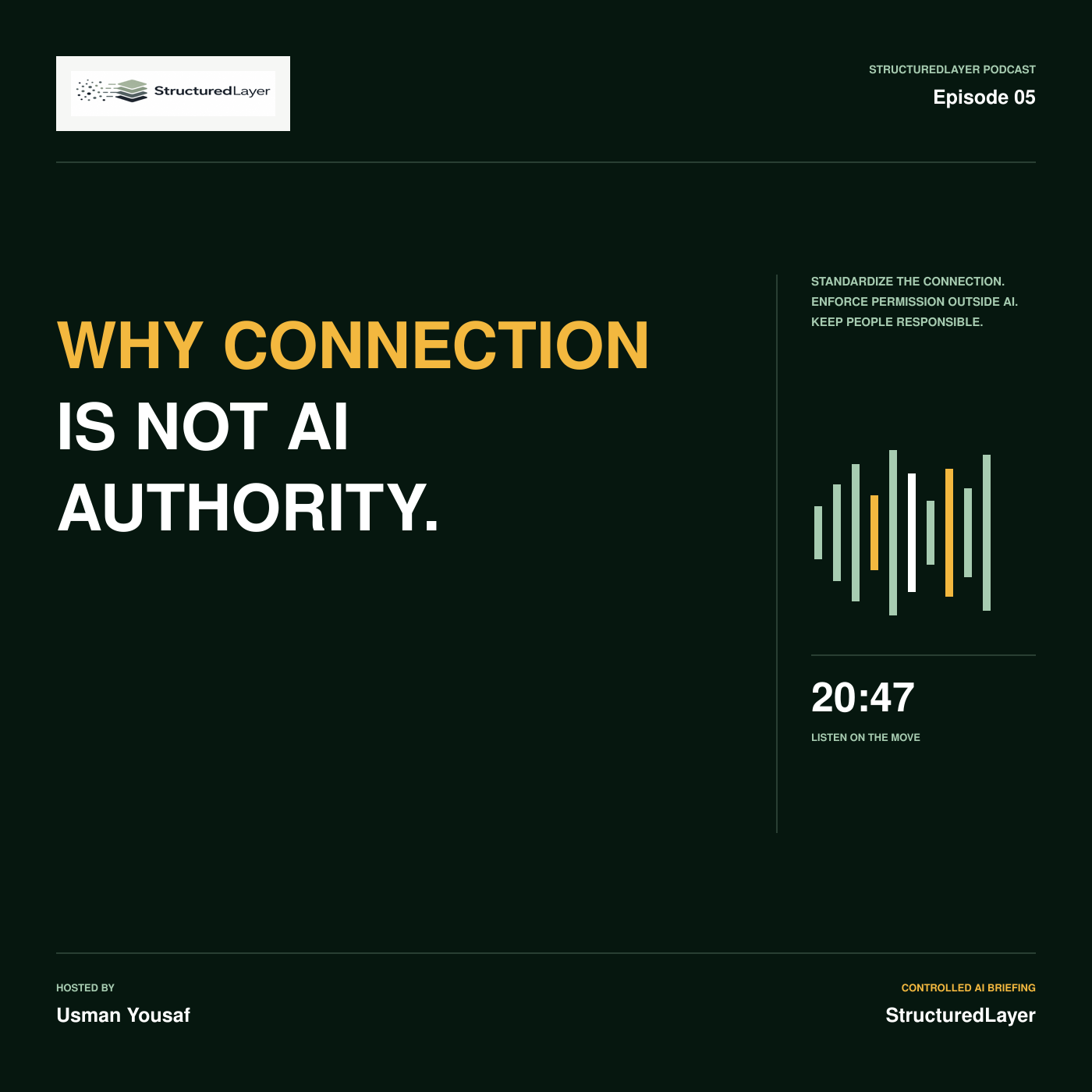 StructuredLayer Podcast cover for Why Connection Is Not AI Authority, showing Episode 05, an amber-and-white editorial title, waveform, 20:47 duration, and host Usman Yousaf on the established dark green series layout.