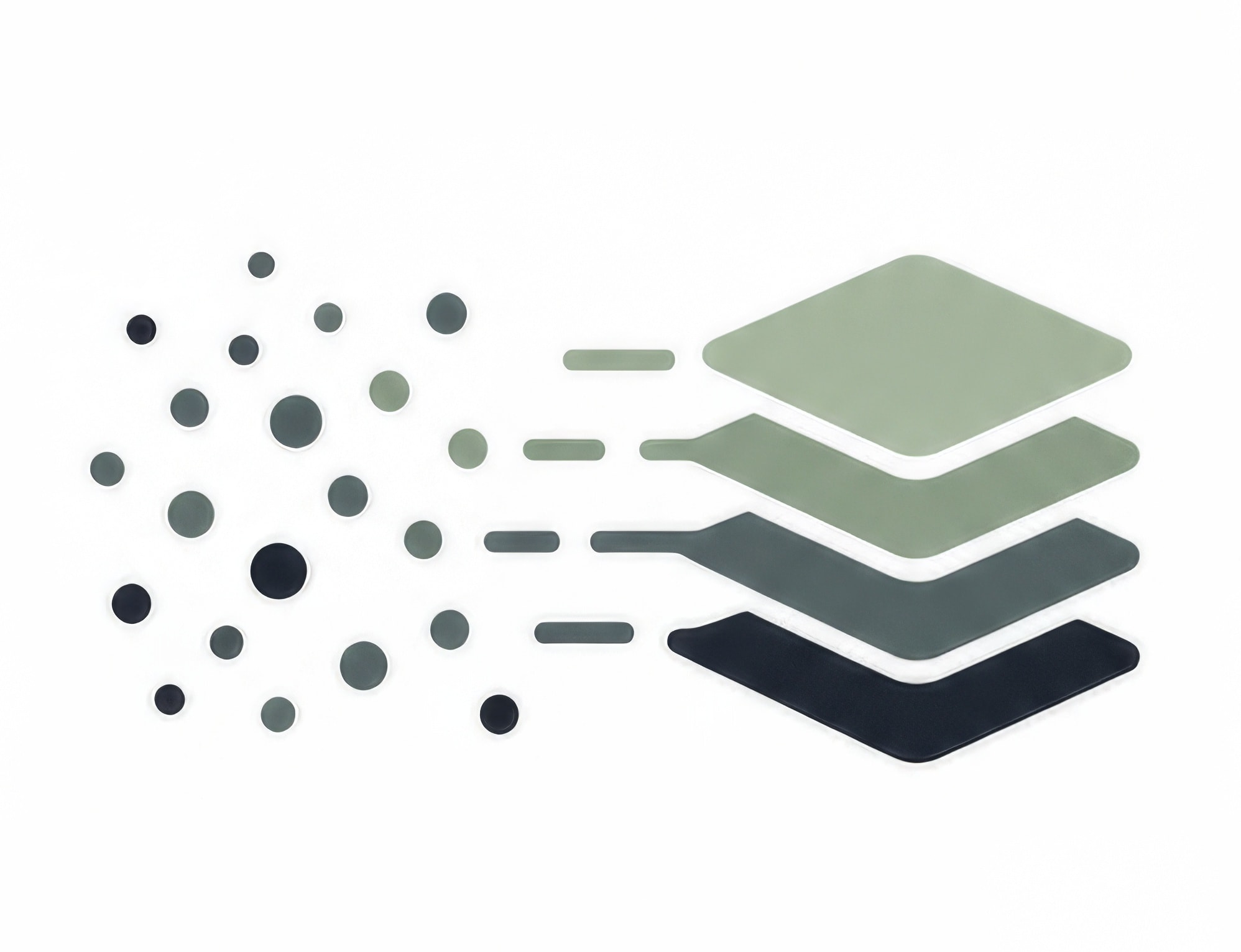 Fragmented dots moving into three ordered layers, representing scattered construction information becoming a structured operating system