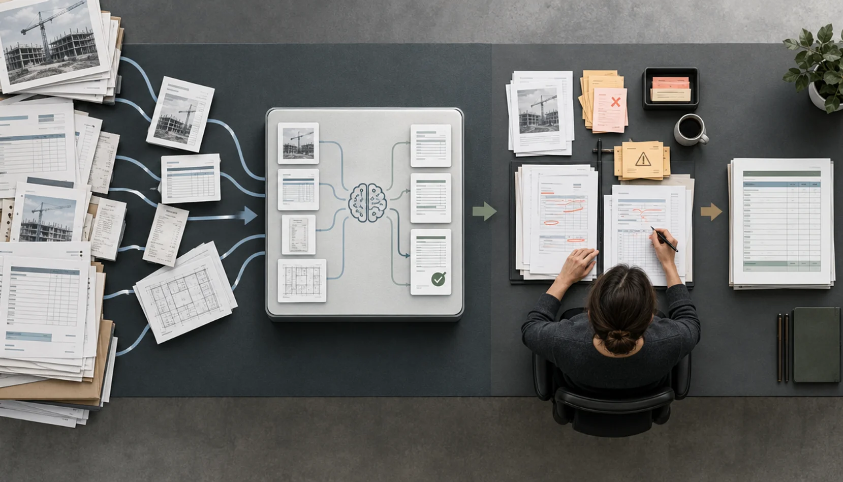Original editorial illustration of construction source documents passing through AI preparation to human correction, exception review, and an accepted ledger outcome.